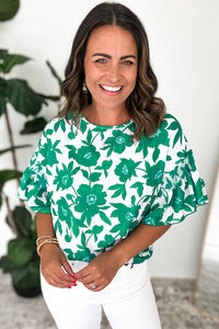 Online Green Floral Printed Ruffled Short Sleeve Round Neck Loose Blouse