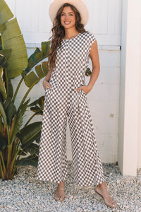 Online Khaki Checkered Print Buttoned Crew Neck Wide Leg Jumpsuit