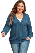 Load image into Gallery viewer, Online Real Teal Open Knit V Neck Button Front Drop Shoulder Plus Size Cardigan
