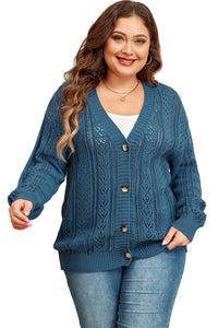 Online Real Teal Open Knit V Neck Button Front Drop Shoulder Plus Size Cardigan