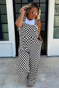 Online Black Checkered Print Pocketed Wide Leg Jumpsuit