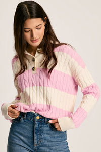 Online Pink Stripe Cable Knit Collared Henley Sweater