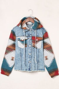 Online Multicolor Aztec Print Frayed Hem Denim Jacket