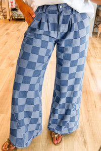 Online Dark Grey Checkered Denim Wide Leg Jeans