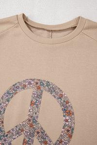 Online Pale Khaki Floral Peace Sign Graphic Washed Terry Plus Size Sweatshirt