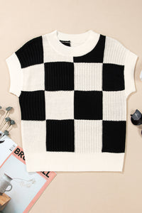 Online Light Blue Checkered Color Block Crew Neck Short Sleeve Sweater