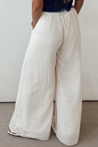 Online White Casual Tie Waist Pleated Wide Leg Pants