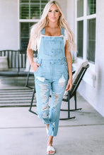 Load image into Gallery viewer, Sky Blue Constructed Bib Pocket Distressed Denim Overalls
