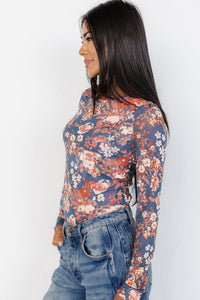 Online Black Floral Print Mesh Fitted Long Sleeve Top