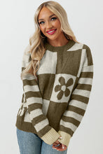 Load image into Gallery viewer, Online Orchid Petal Checkered Floral Print Striped Sleeve Sweater
