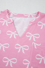 Load image into Gallery viewer, Online Pink Waffle Knit Bowknot Printed V Neck T Shirt and Shorts Set
