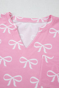 Online Pink Waffle Knit Bowknot Printed V Neck T Shirt and Shorts Set