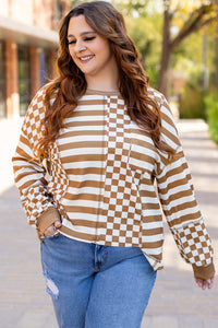 Online Khaki Striped Checkered Mixed Print Chest Pocket Casual Plus Size Top