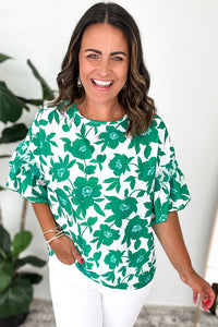 Online Green Floral Printed Ruffled Short Sleeve Round Neck Loose Blouse