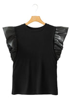 Load image into Gallery viewer, Online Black Leather Ruffle Sleeve Patchwork Round Neck Blouse
