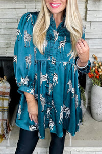 Online Blue Printed Zebra Pattern Pleated Shirt Tunic Dress