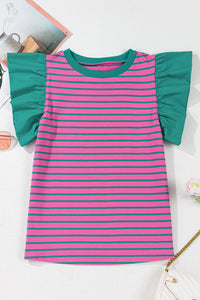 Online Pink Stripe Colorblock Ruffled Sleeve Crew Neck Blouse