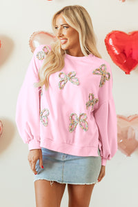 Online Light Pink Embroidered Bow Lantern Sleeve Oversized Pullover Sweatshirt