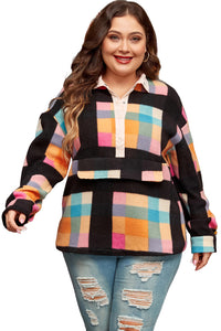 Online Black Plus Size Checkered Print Sherpa Henley Sweatshirt