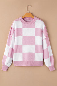 Online Rose Checkered Bishop Sleeve Sweater