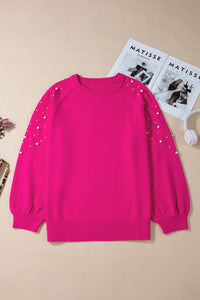Online Strawberry Pink Pearled Decor Raglan Sleeve Plus Size Sweater