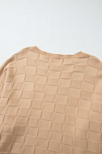 Online Light French Beige Solid Checkered Textured Knit Plus Size Sweater