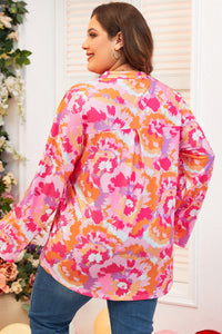 Online Pink Plus Size Abstract Floral Print V Neck Blouse