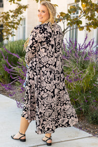 Online Black Plus Size Floral Printed Puff Sleeve Collared Maxi Dress