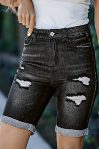 Black Roll-up Distressed Bermuda Denim Shorts