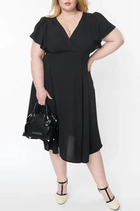 Black Plus Size Flutter Sleeve V Neck Midi Dress
