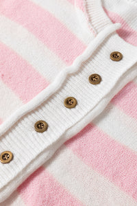 Online Pink Stripe Half Buttons Drop Shoulder Sweater