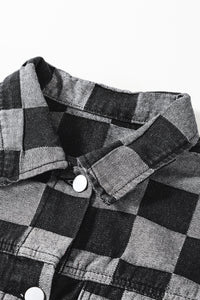 Online Black Checkered Patchwork Button up Denim Jacket