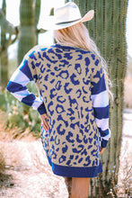 Load image into Gallery viewer, Black Stripe Sleeve Leopard Print Open Front Cardigan With Pockets
