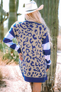 Black Stripe Sleeve Leopard Print Open Front Cardigan With Pockets