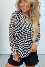 Load image into Gallery viewer, Online Khaki Checkered Pattern Mesh Mock Neck Long Sleeve Top
