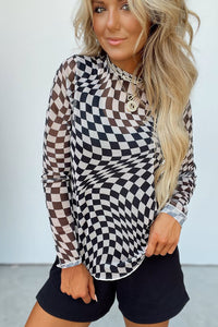 Online Khaki Checkered Pattern Mesh Mock Neck Long Sleeve Top