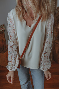 Online White Scalloped V Neckline Lace Hollowed Lantern Sleeve Blouse