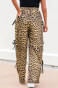 Brown Leopard Print Bow Tie Drawstring Elastic Waist Loose High Waist Pants
