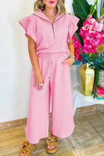 Load image into Gallery viewer, Pink Textured Ruffled Sleeve Zipped Top and Wide Leg Pants Set
