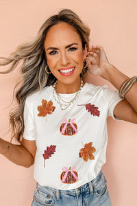 White Sequined Pumpkin Leaves Fall Vibe Graphic T Shirt