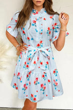 Load image into Gallery viewer, &quot;Waitlist&quot; Sky Blue Stripe Floral Pattern Ruffle Short Sleeve Belted Mini Dress
