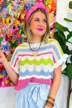 Load image into Gallery viewer, White Colorblock Crochet Knit Ruffled Short Sleeve Sweater Top
