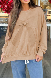 "WAITLIST" Light French Beige Mineral Wash Big Bow Patchwork Pullover Sweatshirt