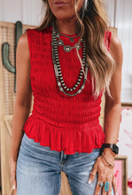 Load image into Gallery viewer, Fiery Red Shirred Slim Fit Ruffle Hem Tank
