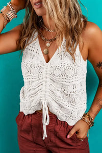 "WAITLIST" Beige Trendy Hollowed Knit V Neck Drawstring Sweater Vest