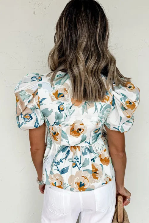 Green Floral Print Puff Sleeve V Neck Babydoll Blouse