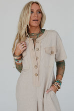 Load image into Gallery viewer, Beige Half Placket Chest Pockets Short Sleeve Wide Leg Jumpsuit
