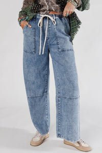 Ashleigh Blue Acid Wash Exposed Seam Drawstring Elastic Waistband Jeans
