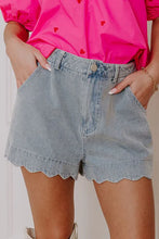 Load image into Gallery viewer, &quot;WAITLIST&quot; Dusk Blue Scalloped Hemline Acid Wash High Waist Denim Shorts
