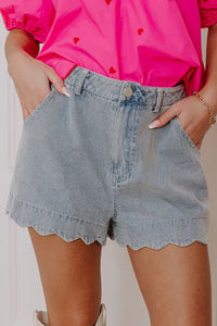 "WAITLIST" Dusk Blue Scalloped Hemline Acid Wash High Waist Denim Shorts